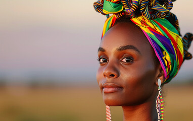 A close-up portrait of a young African woman wearing a colorful headscarf. The woman is looking directly at the camera with a serious expression