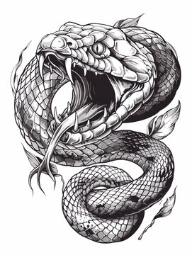 black and white snake coiled, open mouth clip art preview