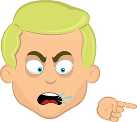 vector illustration face man cartoon blonde and blue eyes, with a gesture of the index finger of the hand accusing and condemning