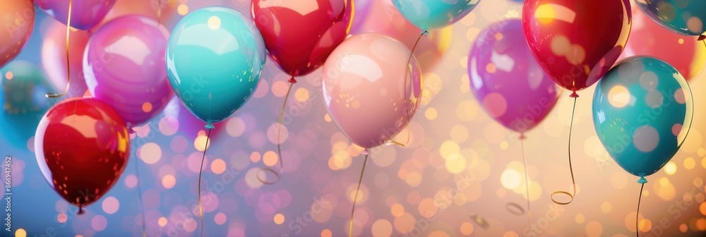 Poster a collection of brightly colored balloons floats in the air, creating a cheerful atmosphere perfect 