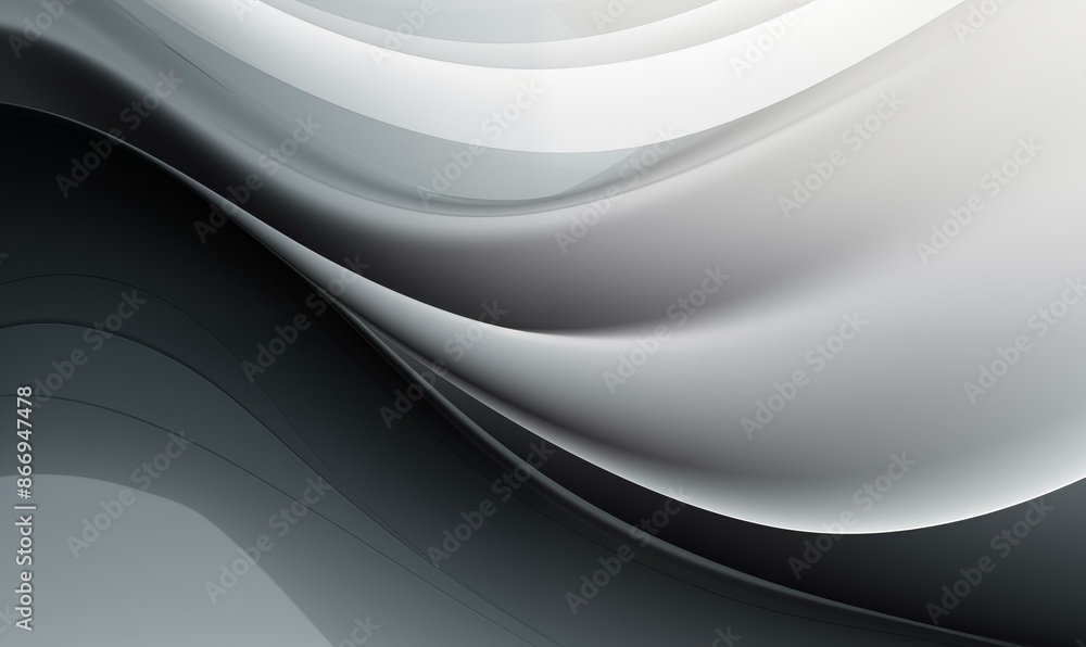 Poster an abstract representation featuring layered, fluid wave-like patterns in shades of gray and black, 