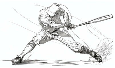 A dynamic one-line drawing of a baseball player swinging a bat, capturing motion and intensity.