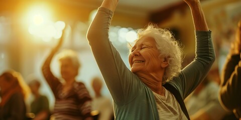 Elderly women practicing yoga together in a warmly lit room.
