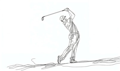 A grayscale line drawing of a golfer in mid-swing with a golf club.