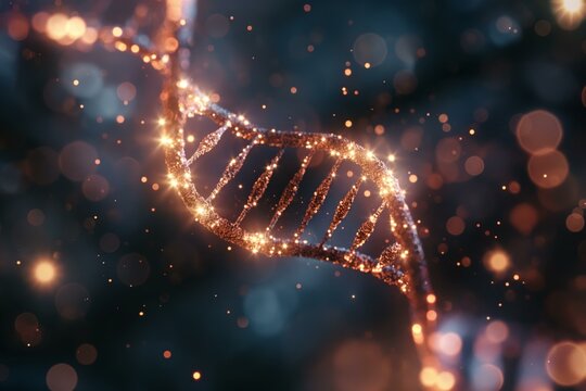 A glowing double helix of DNA, surrounded by sparkles and energy, set against a dark, ethereal background.