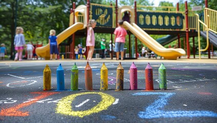 A colorful array of chalk sticks is arranged on the asphalt in front of a playground, with children in the background.