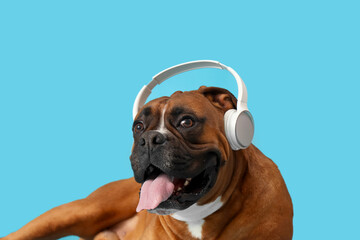 Boxer dog with headphones on blue background, closeup