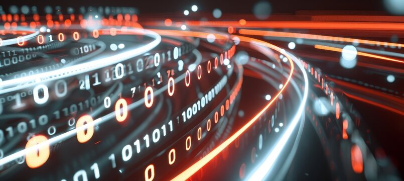 Vibrant neon binary code grid amidst swirling abstract shapes for a digital art display