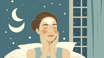 An illustration of a woman in bed applying a nighttime skincare routine. She is smiling and has her eyes closed. The background features a moon and stars