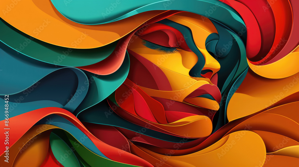 Poster a digital painting depicting a womans face formed from overlapping layers of vibrant colors, creatin