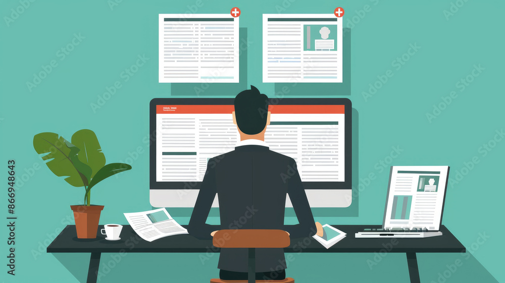 Poster a man sits at a desk in front of a computer and a laptop, both open to documents. there are also pap