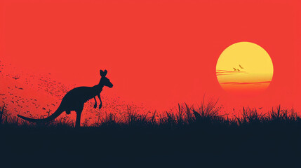 A silhouette of a kangaroo standing in tall grass, with a large, red sunset in the background
