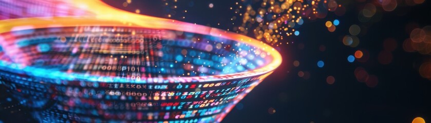 Obraz premium Abstract futuristic digital data visualization with glowing particles, representing data flow in technology and science innovation.