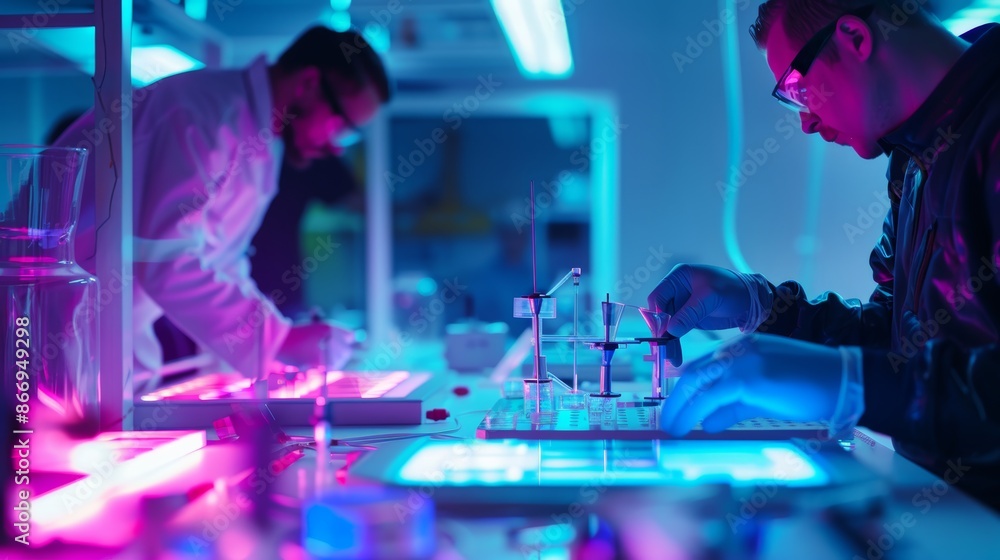 Poster two scientists working in a dark laboratory using test tubes and other equipment illuminated by blue