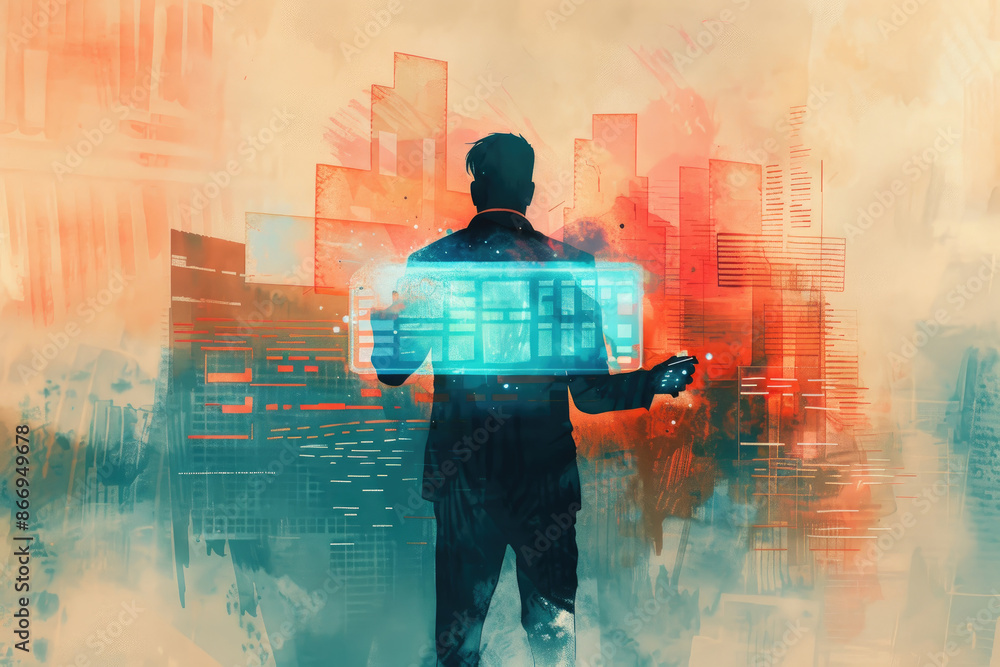 Poster a digital illustration of a man using a translucent digital interface in front of an abstract citysc
