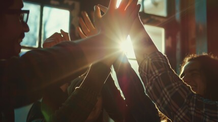 Diverse team of colleagues giving a high five together, celebrating success in their startup office
