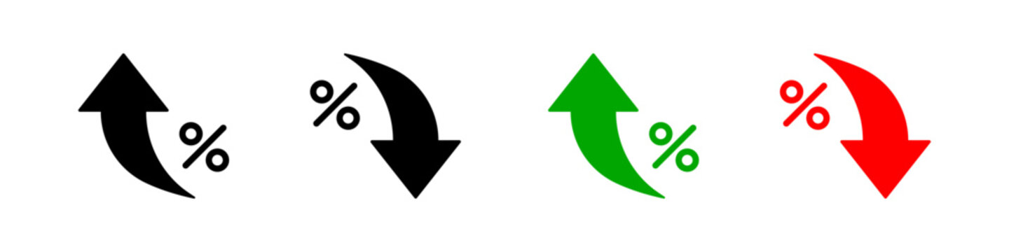 Percent arrow icon. Growth, increase, decrease arrow filled icons. Up arrows, down arrows. Vector