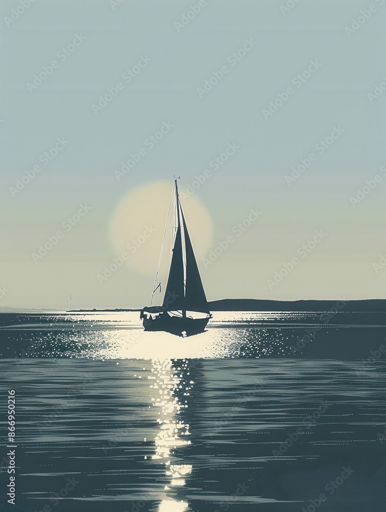 Poster a minimalist illustration of a sailboat silhouette sailing across calm waters under a setting sun. g
