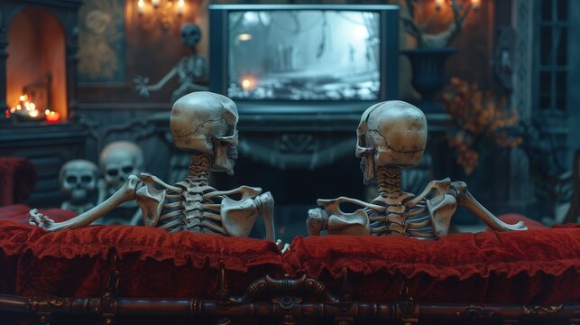 Casal de esqueletos vendo TV em um sof&aacute; com ilumina&ccedil;&atilde;o azul