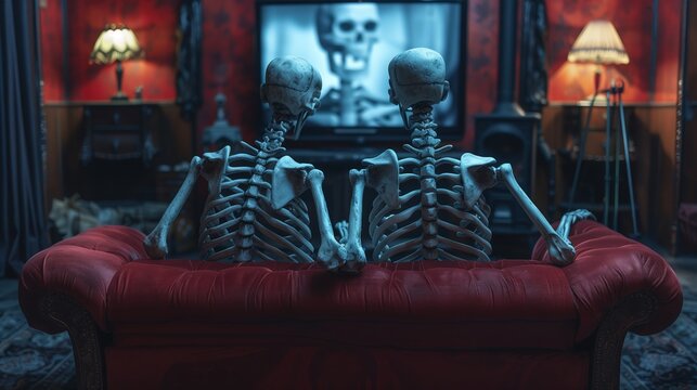 Casal de esqueletos vendo TV
