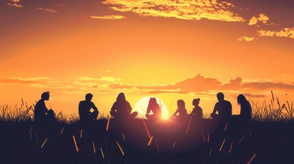 Fototapeta premium Silhouettes of friends sitting on a hilltop, watching the sunset. Generative AI