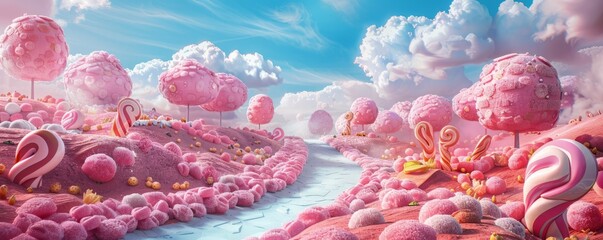 A whimsical candy land with sweet treats. Realistic.