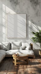 Contemporary living room with a mockup canvas on the wall