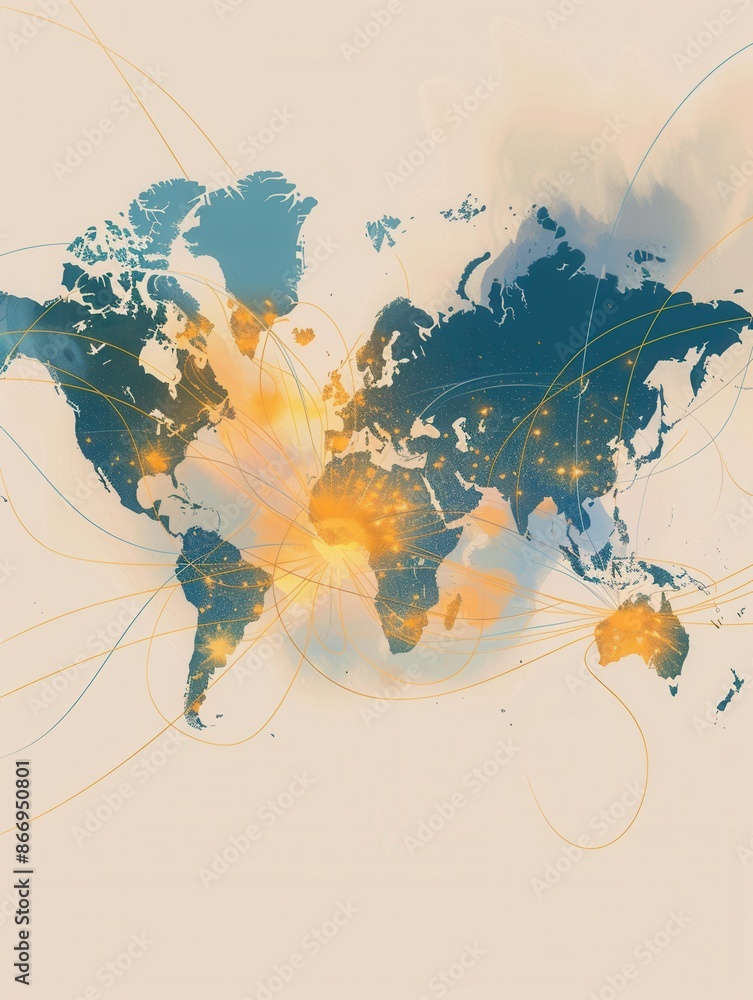 Aufkleber A simple and symbolic world map with highlighted travel routes, perfect for travel agencies and global booking services. Generative AI