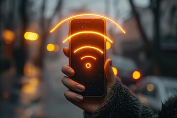 A smartphone is held upright by a person, showcasing an animated glowing Wi-Fi signal in a misty outdoor setting, representing technology, connectivity, and modern life.