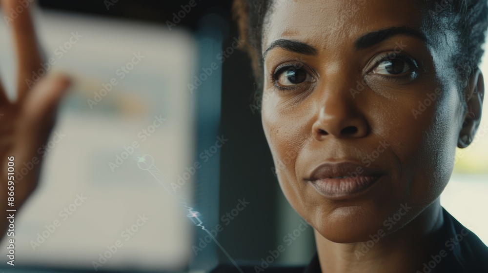 Poster businesswoman is touching a transparent digital screen and analyzing data visualized with a futurist