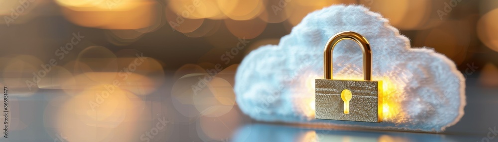Poster a secure padlock inside a cloud icon representing cloud data security and protection against digital
