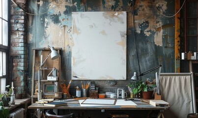 Rustic office with a blank canvas on the desk