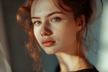 Fototapeta premium Portrait of a beautiful young woman with freckles and blue eyes posing by the window in sunbeams
