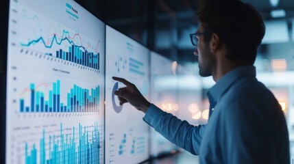 Late-night financial analyst presenting data on a digital whiteboard with graphs