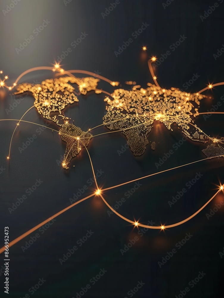 Poster an abstract minimalist illustration of a glowing world map with highlighted travel routes, perfect f