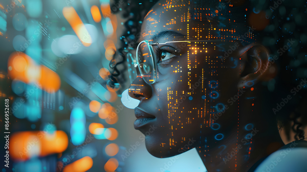 Poster ai cyber security concept. black female it computer specialist analysing artificial intelligence cyb