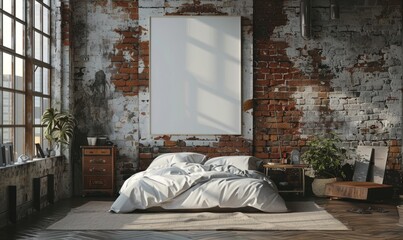 Industrial bedroom with a blank canvas on the nightstand