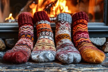 Four pairs of colorful wool socks with intricate patterns rest by a warm, crackling fireplace, offering a cozy and inviting atmosphere on wooden floorboards.