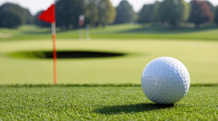 Obraz premium Golf ball closeup with red flag at golf pro court