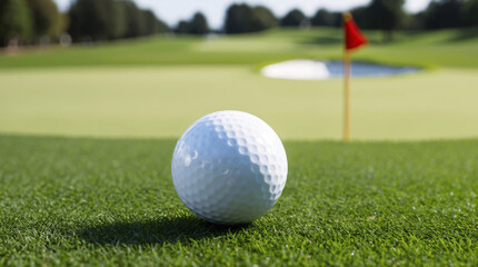 Obraz premium Golf ball closeup with red flag at golf pro court
