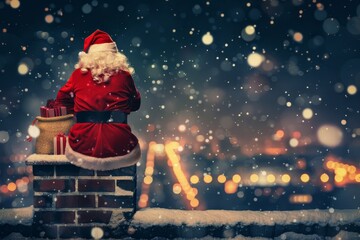Minimalist santa claus emerging from rooftop chimney with gifts, snowy cityscape background