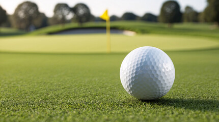 Fototapeta premium Golf ball closeup with yellow flag at golf pro court