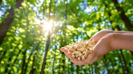 Close up of hand with wood pellets against lush green trees, eco friendly concept