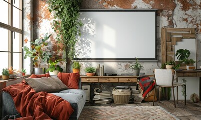 Cozy office with an empty screen on the wall