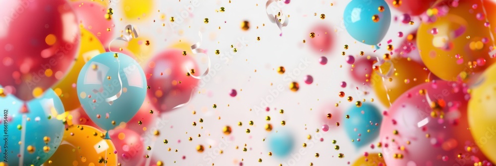 Poster A cheerful and celebratory scene with a colorful array of balloons decorating a festive event. Perfect for companies organizing parties and selling festive goods. Generative AI