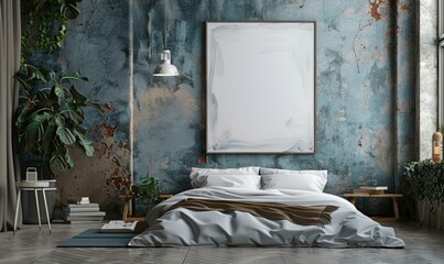 Industrial bedroom with a blank canvas on the nightstand