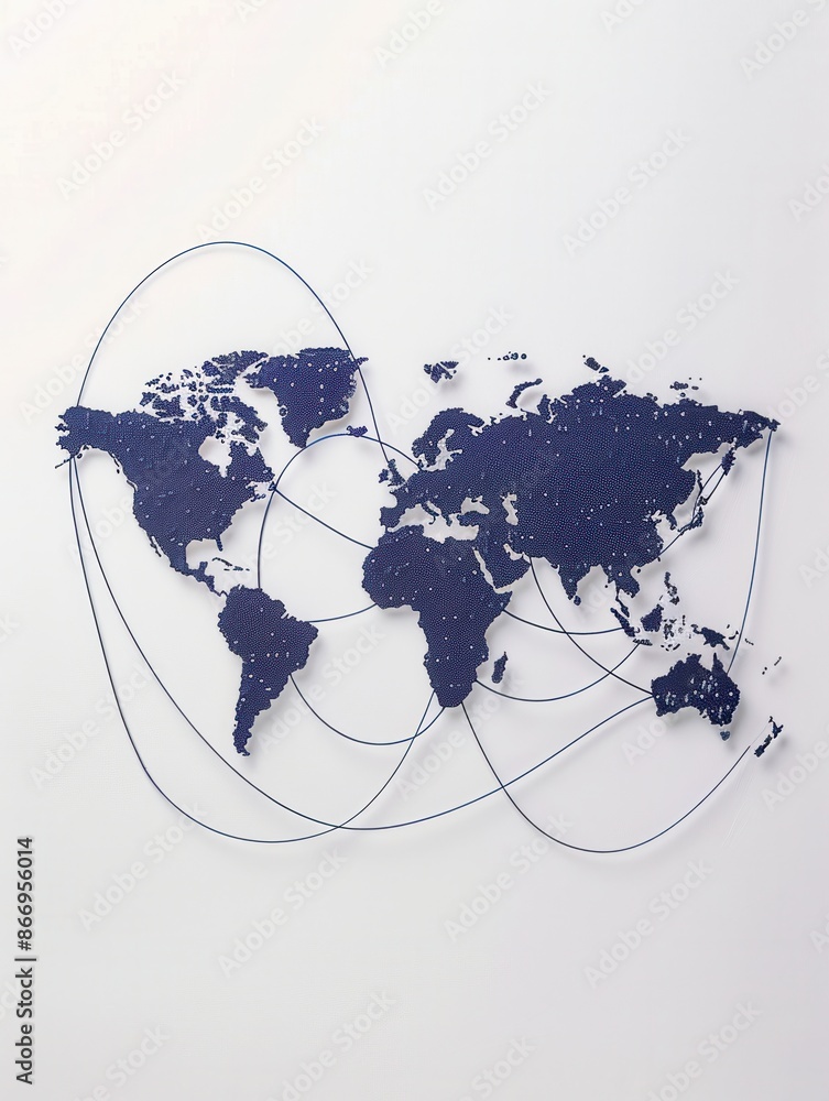 Poster a minimalist illustration of a world map with highlighted travel routes, perfect for travel agencies