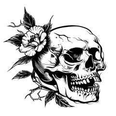 A skull with a flower on it. The skull is black and white