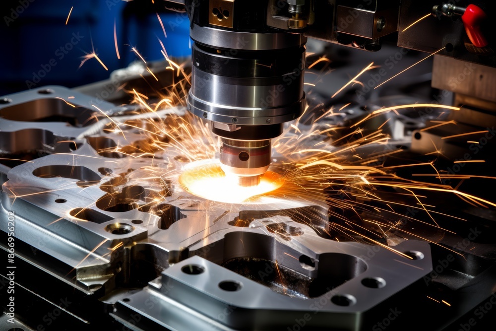 Poster precision cnc milling machine crafting complex shape in metal with sparks flying
