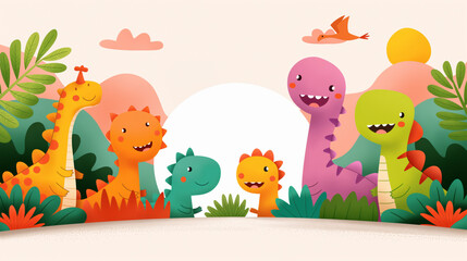 Obraz premium Illustration cartoon of dinosaurs gathering in a lush green jungle setting.